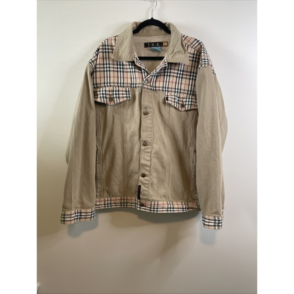 The Hip Hop Elements 2XL Tan Plaid Denim Jacket Y2K Streetwear Cotton